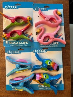 Pink Flamingo, Toucan Boca, beach slipper and parrot- Heavy Duty Towel Clips